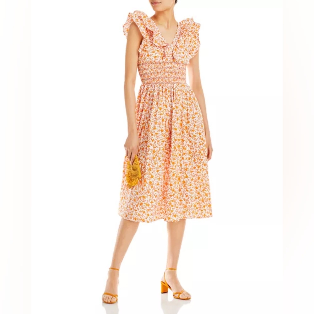 AQUA Scilla Smocked‎ Printed Midi Dress Floral White Orange Size Extra Small